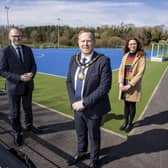 Lord Mayor of Armagh City, Banbridge and Craigavon Borough, Councillor Paul Greenfield is joined by Roger Wilson, CEO Armagh City, Banbridge and Craigavon Borough Council and Sorcha Mullholland, Education Authority Locality Manager for South West to inspect the new facilities at Ferris Park, Dromore.