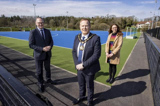 Lord Mayor of Armagh City, Banbridge and Craigavon Borough, Councillor Paul Greenfield is joined by Roger Wilson, CEO Armagh City, Banbridge and Craigavon Borough Council and Sorcha Mullholland, Education Authority Locality Manager for South West to inspect the new facilities at Ferris Park, Dromore.