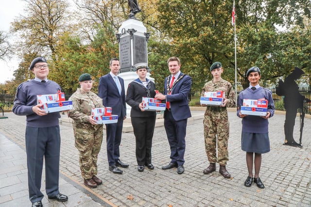 RAF, Army and Sea Cadets with Lisburn and Castlereagh City Council Chief Executive David Burns and Mayor Scott Carson at the launch of this years Poppy Appeal, Pic by Norman Briggs, rnbphtographyni