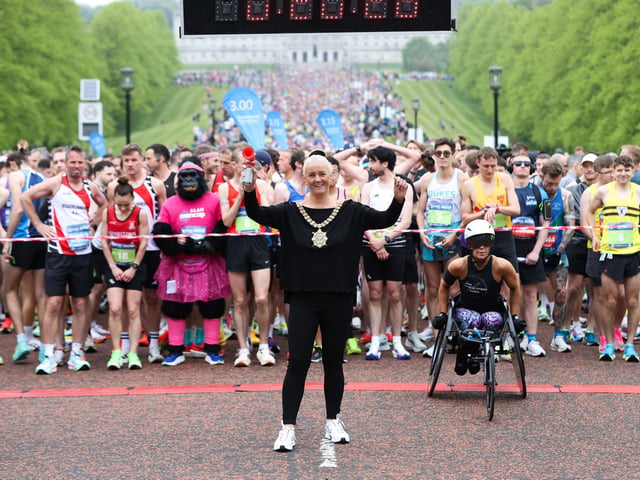 Belfast Lord Mayor Tracy Kelly at the Phoenix Energy Belfast City Marathon in the grounds of the Stormont Estate.