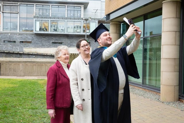 South West College (SWC) Dungannon graduate Liam Murtagh from Moy, with his mum and ‘Nanny’ celebrating his achievements on the Open University BSc (Hons) Computing Science.