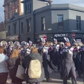 Larne residents were out in force to welcome Clover High School Band from South Carolina as they paraded through the town. Photo: NI World