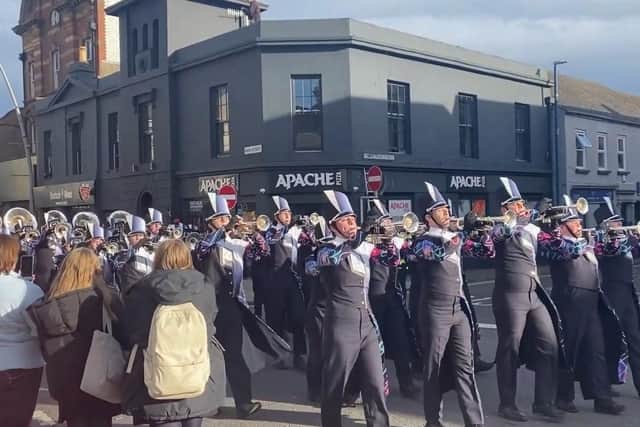 Larne residents were out in force to welcome Clover High School Band from South Carolina as they paraded through the town. Photo: NI World