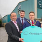 Ken Ryan (Managing Director at Qualcom), Steven Norris (Deputy Director of Regeneration and Infrastructure at Antrim and Newtownabbey Borough Council) Cllr Mark Cooper BEM (Mayor of Antrim and Newtownabbey) and Leeann Saunders (Managing Director NI at Qualcom). (Pic: Aaron McCracken).