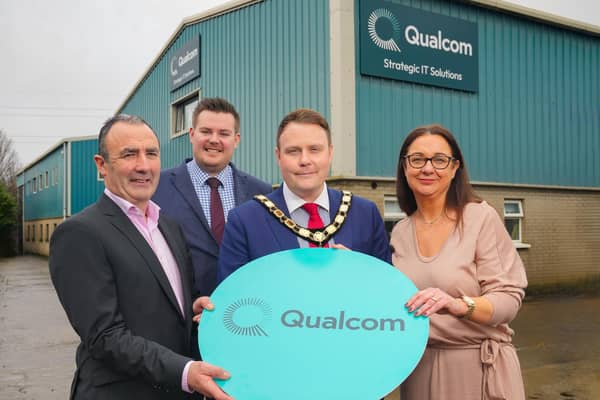 Ken Ryan (Managing Director at Qualcom), Steven Norris (Deputy Director of Regeneration and Infrastructure at Antrim and Newtownabbey Borough Council) Cllr Mark Cooper BEM (Mayor of Antrim and Newtownabbey) and Leeann Saunders (Managing Director NI at Qualcom). (Pic: Aaron McCracken).
