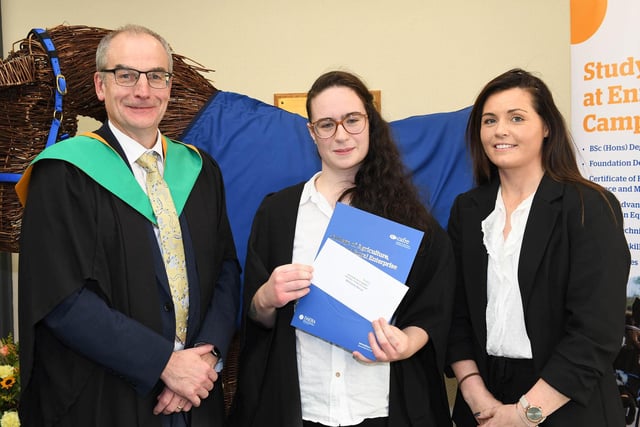 Michaela Doran received the Department of Agriculture, Environment and Rural Affairs Prize awarded to the top student on the Level 3 Advanced Technical Extended Diploma in Equine Management. Michaela was congratulated by Martin McKendry, CAFRE director and Danielle McKeever, Coolmore Stud, who was guest speaker at the Enniskillen Campus awards ceremony.