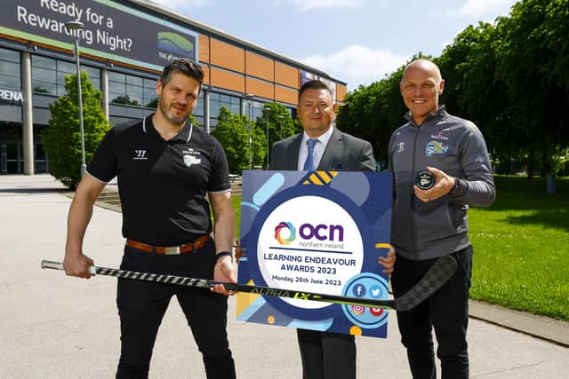 Martin Flynn (centre), Chief Executive of OCN NI is joined by Adam Keefe (left), Belfast Giants Head Coach and Steve Thornton, Group Head of Commercial & Hockey, Belfast Giants.