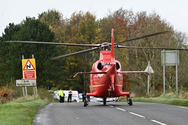 Air ambulance called out to a collision on the Slaght Road outside Ballymena. Picture: Pacemaker
