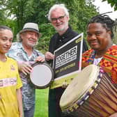 Celebrating Good Relations Week 2023 (from L to R) are Lucky Casey, footballer on behalf of Multi-Ethnic Sports and Cultures NI; Syrian Drummer ‘Nadeem’; Tim McGarry, comedian, broadcaster and Good Relations Week Ambassador 2023, and African drummer Wilson Magwere.  Photo: Simon Graham