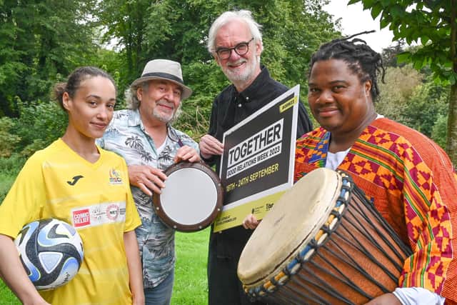 Celebrating Good Relations Week 2023 (from L to R) are Lucky Casey, footballer on behalf of Multi-Ethnic Sports and Cultures NI; Syrian Drummer ‘Nadeem’; Tim McGarry, comedian, broadcaster and Good Relations Week Ambassador 2023, and African drummer Wilson Magwere.  Photo: Simon Graham