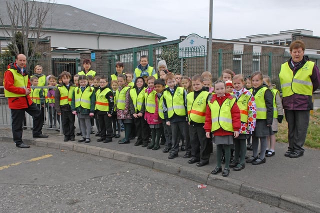 St Brendan's Primary School P3 pupils stop at the kerb for their first lesson in the Practical Child Pedestrian Training Scheme by officers from the DOE Road Safety Education Office in Armagh in March 2010.