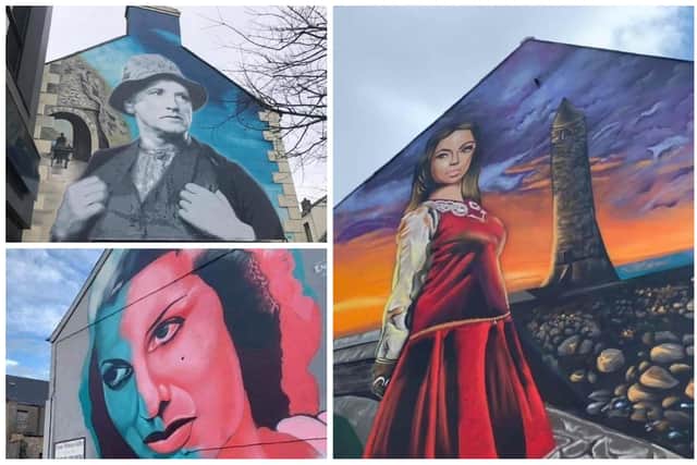 Some of the artworks in Larne town centre, including  murals of Richard Hayward, Valerie Hobson, and an Irish festival dancer.  Photos: Larne Renovation Generation/Google maps