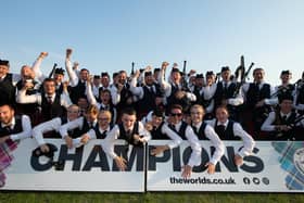 Field Marshal Montgomery Pipe Band celebrate winning the World Pipe Band Championships at Glasgow Green, on August 13, 2022, in Glasgow, Scotland. Photo by Ross MacDonald / SNS Group