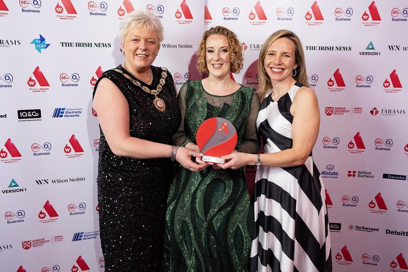 Ballymena's Louise Adams, founder of Cultshe, who took home the award for Best New Start-Up, is congratulated by Meta Graham, from award sponsor Go Succeed and Lorraine Acheson, managing director, Women in Business.