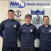 Newry manager Darren Mullen pictured with new signings Lorcan Donnelly and Jamie Doran, as well Brian Healy who was recalled from his loan spell at Ballyclare Comrades.
