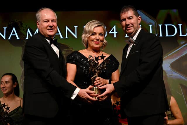 Michelle McArdle, representing her daughter Lauren McConville of Armagh, is presented with her All-Star award by Ard Stiúrthóir TG4 Alan Esslemont and President of the LGFA, Mícheál Naughton during the TG4 Ladies Football All Stars Awards banquet, in association with Lidl, at the Bonnington Dublin Hotel in Dublin.  Photo by Brendan Moran/Sportsfile