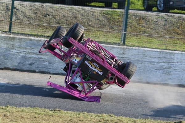 Troy Crawford rolls spectacularly in the Superstox at Tullyroan Oval