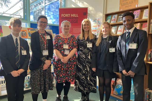 Egor Rudakov (Reading Ambassador); Dr Becky Long (Education Outreach Manager, Children's Books Ireland); Shirley McMillan (Children's writing fellow, QUB); Niki Johnston (Literacy Coordinator); Hannah Orr (Accelerated Reader) and Tunji Lawal (Senior Book Club member) at the Fort Hill Integrated College library launch. Pic credit: Fort Hill Integrated College