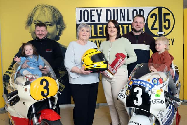 Members of Joey Dunlop's family pictured at the launch of the 'Joey 25' Day which will be held in Ballymoney on Saturday, May 24. Included are Joey's wife Linda, his son Gary, daughter Joanne and husband, Michael plus two of his grandchildren Remy and Hudson. PICTURE BY STEPHEN DAVISON