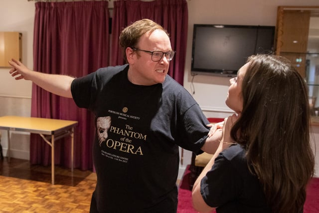 Aidan Hughes as the Phantom and Nuala Osborne as Christine in rehearsal for Portrush Music Society's NI premiere of The Phantom of the Opera