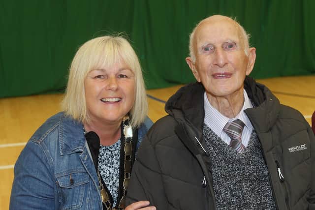 Dungiven Bowling Club’s oldest honorary member Ivor Canning pictured with Deputy Mayor Margaret-Anne McKillop. Credit Causeway Coast and Glens Council