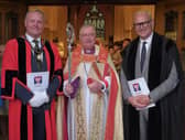 Deputy Lord Mayor Councillor Kyle Savage, The Most Reverend John McDowell (Archbishop of Armagh and Primate of All Ireland) and council chief executive Roger Wilson pictured at the national Service of Remembrance and Thanksgiving, which took place on Wednesday 07 May 2025 at St. Patrick’s Church of Ireland Cathedral in Armagh.