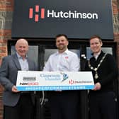 Pictured at Hutchinson Engineering for the launch of the Causeway Chamber of Commerce President's Dinner being held at the Lodge Hotel on Wednesday, March 20, are event partner Mervyn Whyte of Briggs Equipment NW200 with sponsor Mark Hutchinson, CEO Hutchinson Engineering, and Chamber of Commerce  President James Kilgore. Credit Ciaran Clancy