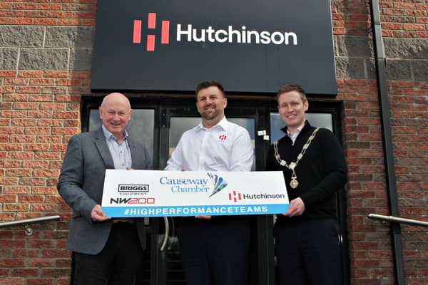 Pictured at Hutchinson Engineering for the launch of the Causeway Chamber of Commerce President's Dinner being held at the Lodge Hotel on Wednesday, March 20, are event partner Mervyn Whyte of Briggs Equipment NW200 with sponsor Mark Hutchinson, CEO Hutchinson Engineering, and Chamber of Commerce  President James Kilgore. Credit Ciaran Clancy