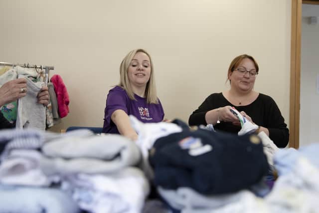 Sarah (left) and Nicola at the Home-Start East Antrim baby bank in Larne. Photo: Baby Bank Alliance