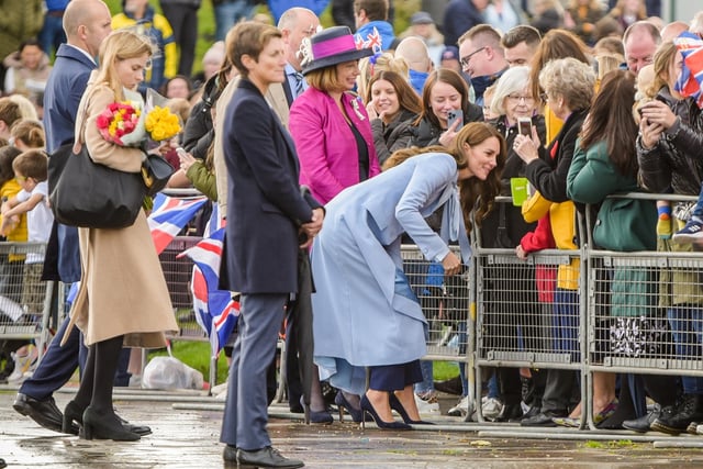 The Princess of Wales stops with a section of the large crowd that gathered in Carrickfergus.