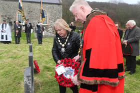 Mayor Steven Callaghan and Deputy Mayor Margaret Ann McKillop lays a wreath on Rathlin Island on Sunday.