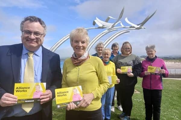 Alliance Deputy Leader Stephen Farry MP with candidate for The Glens, Glenise Morgan. Also included are left to right, Councillor Yvonne Boyle, Christine Turner, Eleanor Duff, Sian Mulholland MLA and Yvonne Naylor.