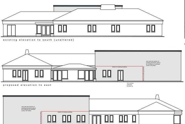 The architectural features which will be added to the original church building are shown as shaded. Picture: Armagh, Banbridge & Craigavon Borough Council planning portal.