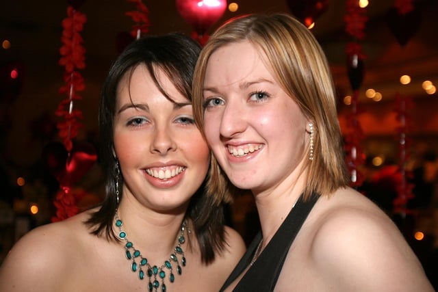 HAVING A BALL...Caroline McAfee and Zoe Davis pictured during the Rio Salsa Valentines Ball at the Royal Court Hotel in 2007 in aid of the Ulster Cancer Foundation.