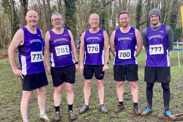 James Hughes, Andrew Wilmot, Adrian Finlay, Jonny Rowntree and Mark Goldsworthy at Stormont XC. Credit Springwell Running Club