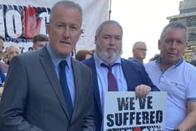 Pictured at the A5 public inquiry are Sinn Féin's Conor Murphy and local MLA Colm Gildernew.
