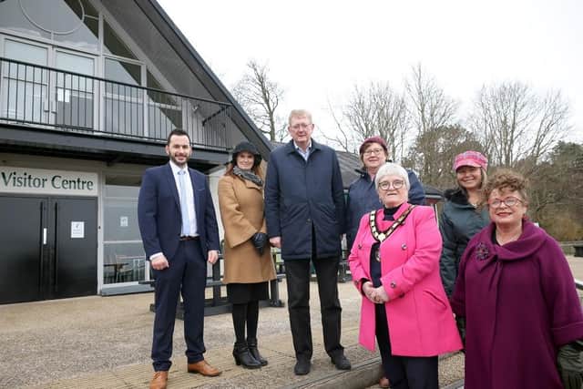 Cllr Timothy Gaston; Katrina Morgan, director of community; Lord Caine; Cllr Maureen Morrow; Lindsay Houston, manager, parks and open spaces; the Deputy Mayor, Cllr Beth Adger MBE and Ald Gerardine Mulvenna.