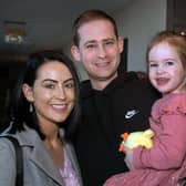 Rachel and Andrew Bridgett and daughter Emily (3) pictured before their Easter Sunday lunch at the Seagoe Hotel. PT14-205.