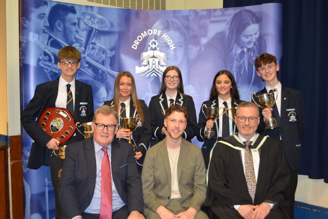 Subject Prize Winners - Back row from left Jack Graham, Katy Bradshaw, Rachel Thompson and James Whittle. Front row Mr Alan Poots Chairman of the Board of Governors, Mr Jordan Kenny Guest Speaker and Mr Ian McConaghy Headmaster.