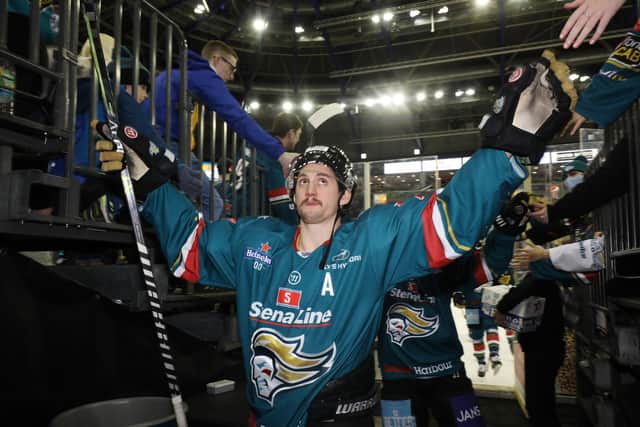Belfast Giants' man of the match Ben Lake at Saturday nights Elite Ice Hockey League game at the SSE Arena, Belfast. Photo by Photo by Darren Kidd/Presseye