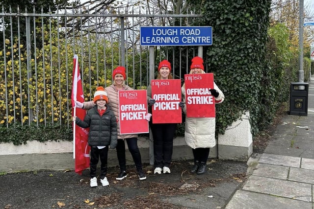 Members of NIPSA on the picket line at Lough Road Learning Centre in Lurgan, Co Armagh.  Hundreds of school support staff from unions such as Unison, Unite, GMB and NIPSA joined the strike on the second day in what will be one of the biggest strikes among non-teaching unions in years. The ongoing industrial dispute is over the failure to deliver a pay and grading review to education workers as part of a negotiated resolution of the 2022 pay dispute.