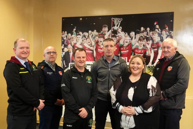 Pictured from left to right are David Wilson (Head of Maths Department and Football Coach, St Ronan’s College), Sean McAlinden (Vice Chair, Armagh GAA), Kevin Curran (GAA Participation Officer), Kieran McGeeney (Armagh GAA Football Manager), Fiona Kane (Principal, St Ronan’s College) and Jimmy Smyth (President, Armagh GAA). Picture: Brian Thompson