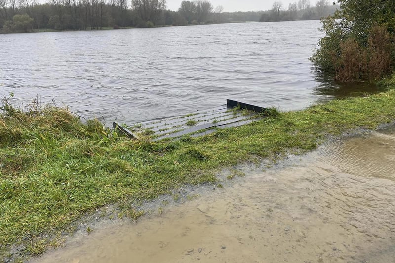 Partially submerged fishing bays and some paths are completely submerged at Craigavon City Park and Lakes today following Storm Ciaran.