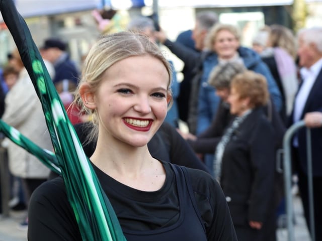 A visiting band member enjoying the Larne parade.