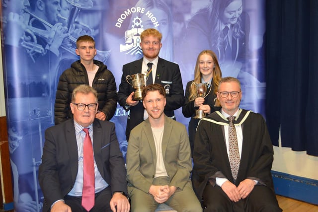 Back row from left – Ethan Boyd, Ethan McCutcheon and Anya Harper. Front row Mr Alan Poots Chairman of the Board of Governors, Mr Jordan Kenny Guest Speaker and Mr Ian McConaghy Headmaster.