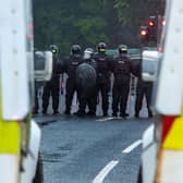 Riot police on Portadown's Northway on Thursday night. Picture: Tony Hendron