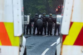 Riot police on Portadown's Northway on Thursday night. Picture: Tony Hendron