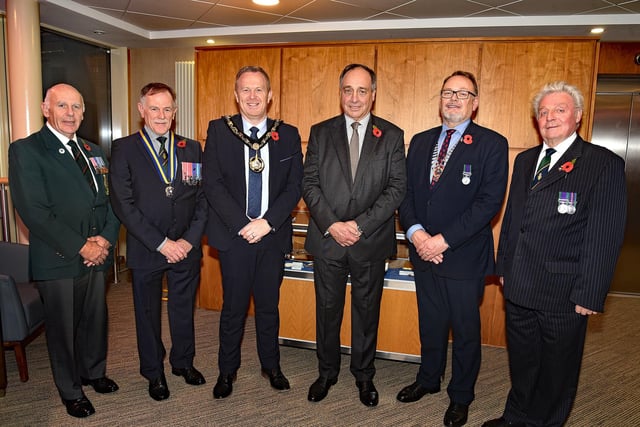VIP guests at the RBL Festival Of Remembrance in Craigavon Civic Centre including from left: David Hammerton, Group 9 RBL Ghairman; Maj Philip Morrison, NI District President, RB;, Mayor of ABC Council, Councillor Paul Greenfield; Richard Hamilton-Stubber, Vice Lord Lieutenant, County Armagh; John Stewart, NI District Chairman, RBL and Albert Hamilton, President, Lurgan and Brownlow RBL. PT44-207.