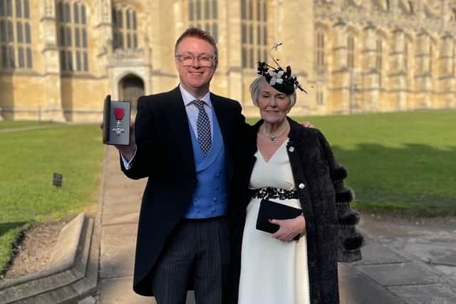Lisburn musician RIchard Yarr with his mum Patricia in London to receive his MBE