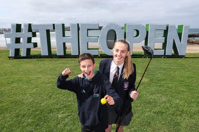 Pictured at Kerr Street Green in Portrush on May 2 during Tourism NI’s Epic Journey to The 153rd Open were Sorley Jegier from Mill Strand Integrated Primary and Isla McClelland from Coleraine Grammar School.